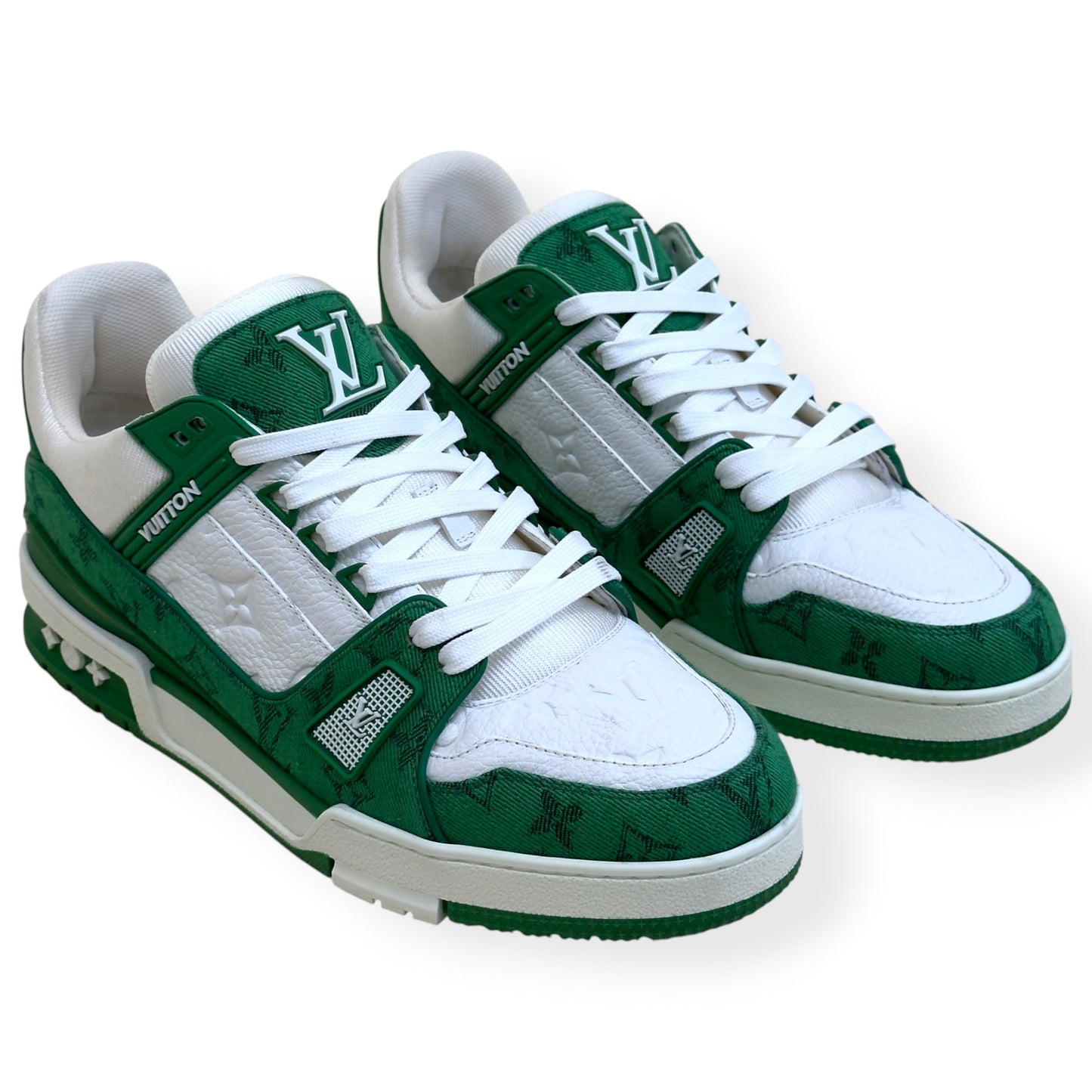 LOUIS VUITTON LV TRAINER MONOGRAM DENIM SNEAKER GREEN / WHITE UK8.5 | UK 8.5, Green