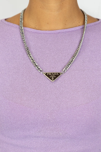 VT Rework : Prada Brown Badge Curb Chain Silver Necklace