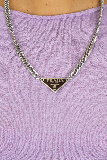 VT Rework : Prada Brown Badge Curb Chain Silver Necklace