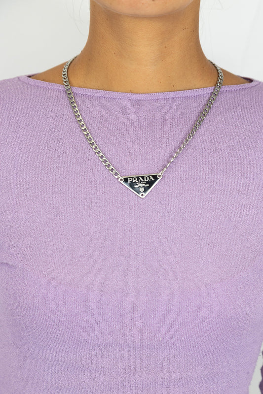 VT Rework : Prada Black Triangular Badge Curb Chain Silver Necklace