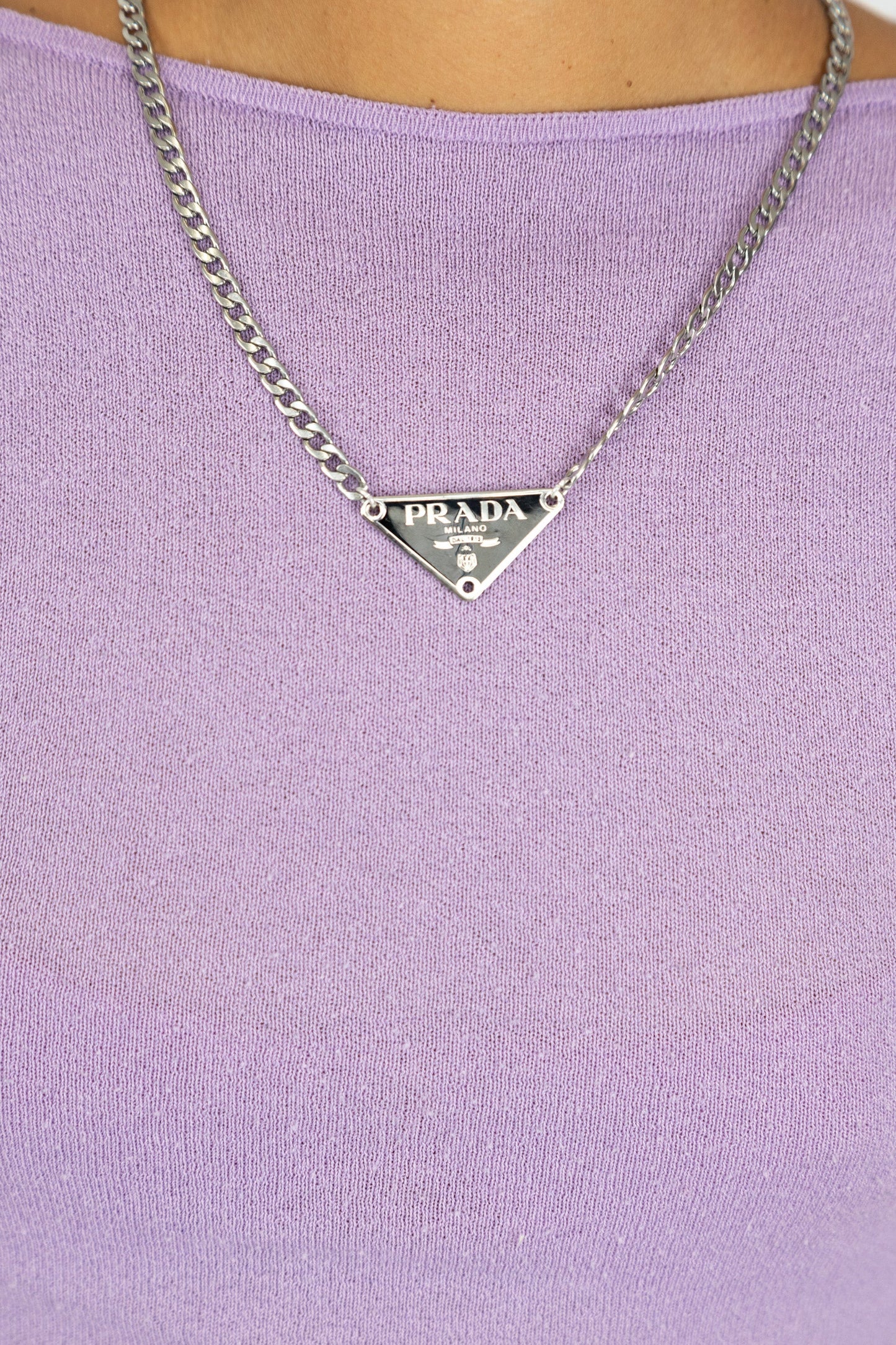 VT Rework : Prada Black Triangular Badge Curb Chain Silver Necklace