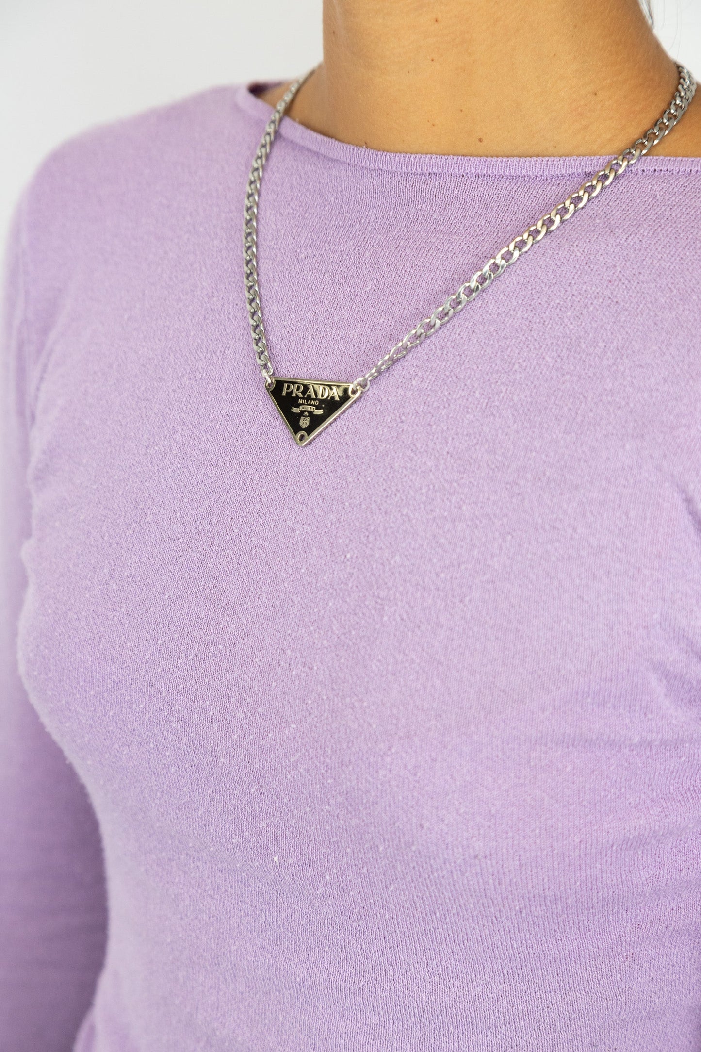 VT Rework : Prada Black Triangular Badge Curb Chain Silver Necklace