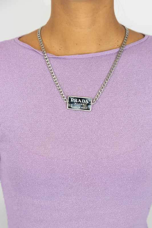 VT Rework : Prada Black Rectangle Badge Silver Necklace