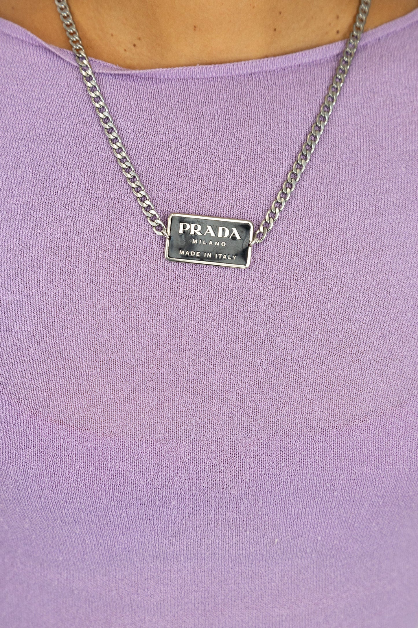 VT Rework : Prada Black Rectangle Badge Silver Necklace