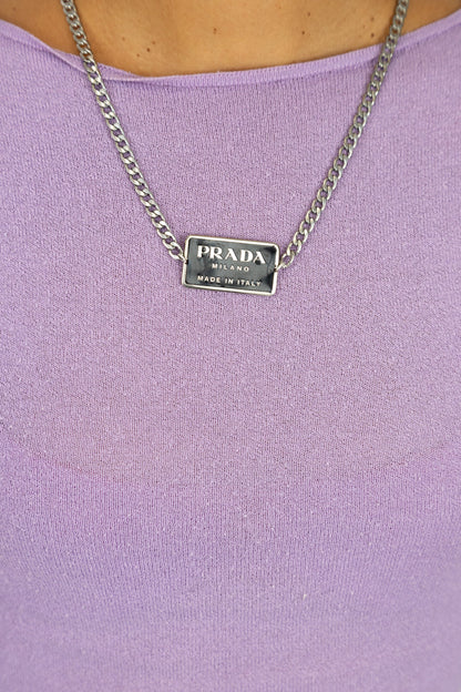 VT Rework : Prada Black Rectangle Badge Silver Necklace