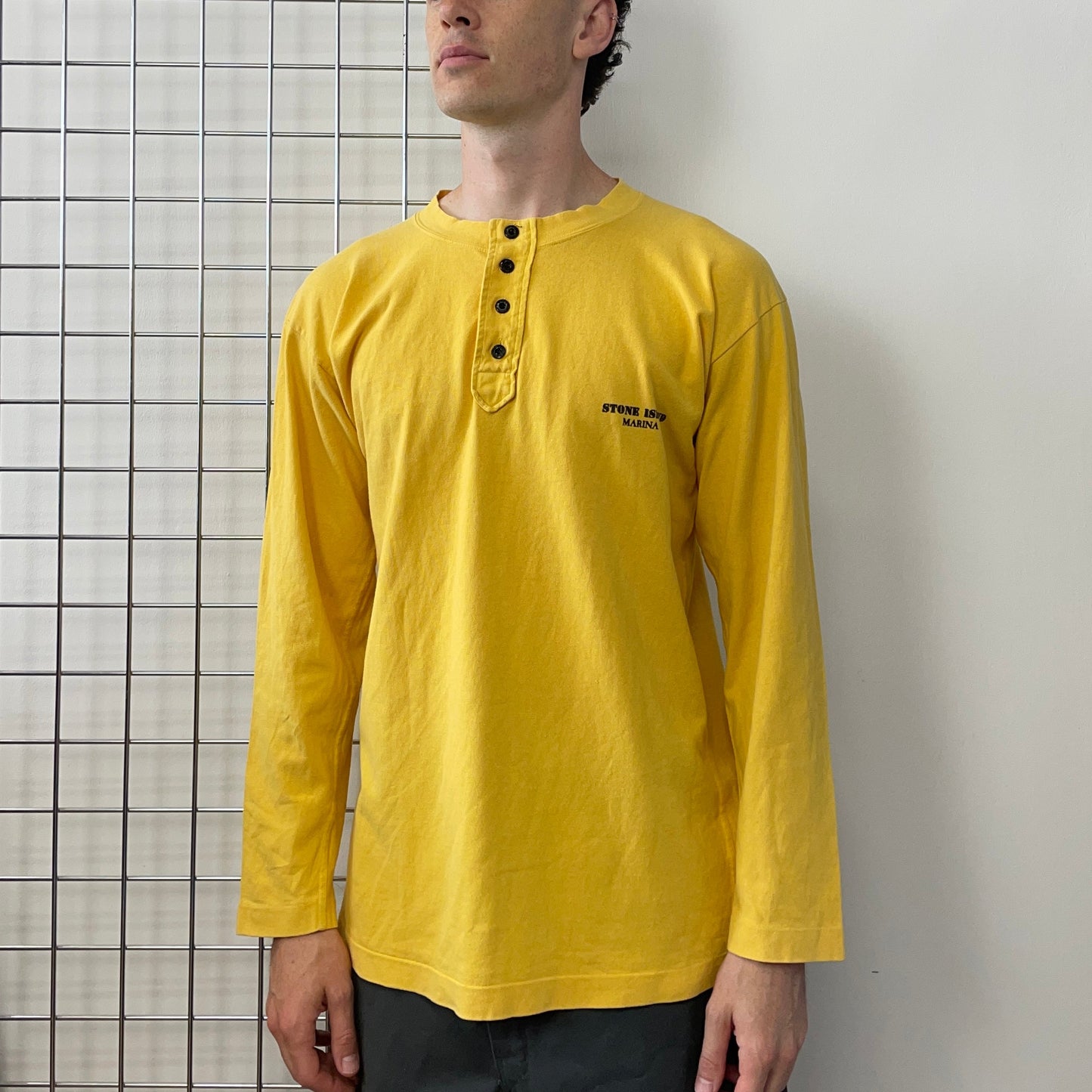 Stone Island Marina Yellow 80s Henley Long Sleeve T-Shirt | Large, Yellow