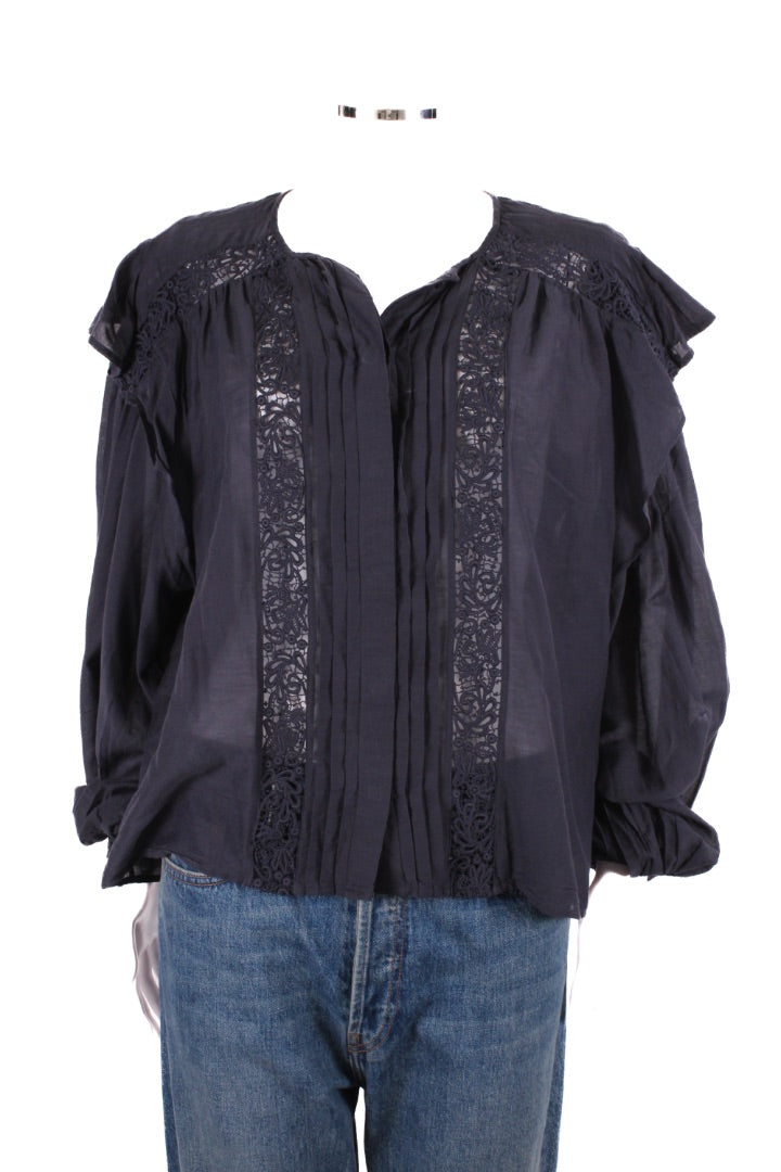 Isabel Marant Etoile L/S Lace Trim Blouse Navy 8 | O/S, Navy