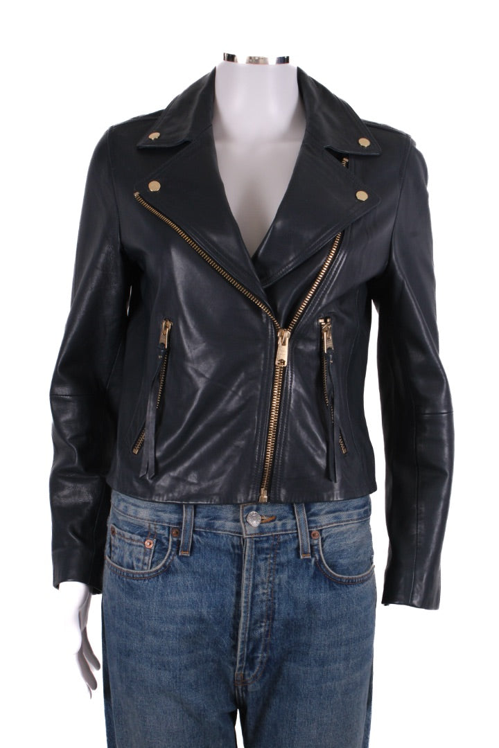 All Saints Leather Jacket Navy 6 | O/S, Navy