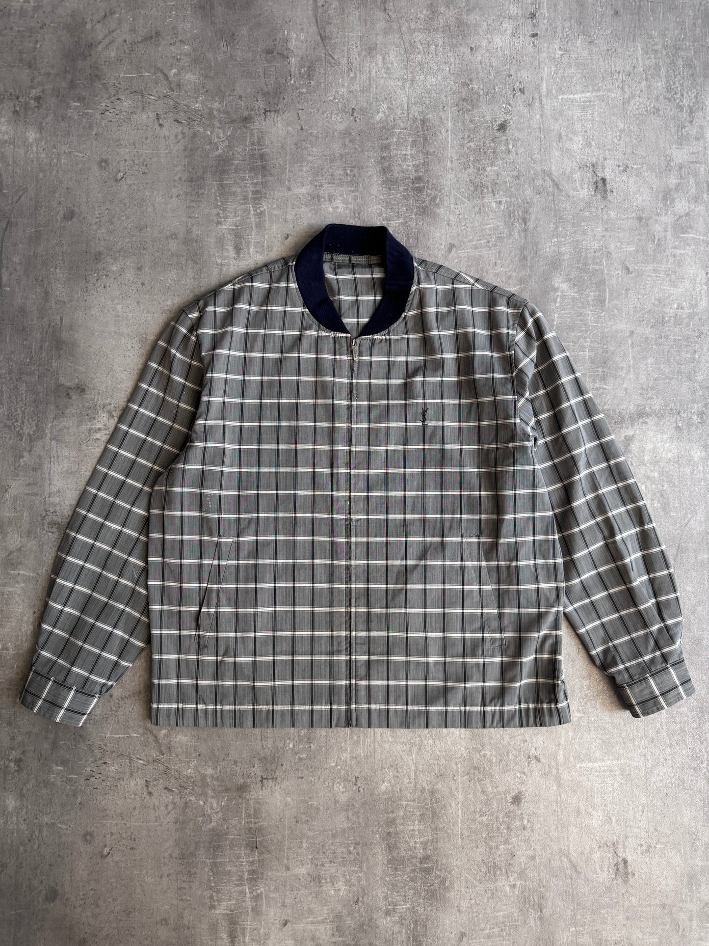 YSL Grey Check Lightweight Navy Detail Bomber Jacket (Sold As Seen)