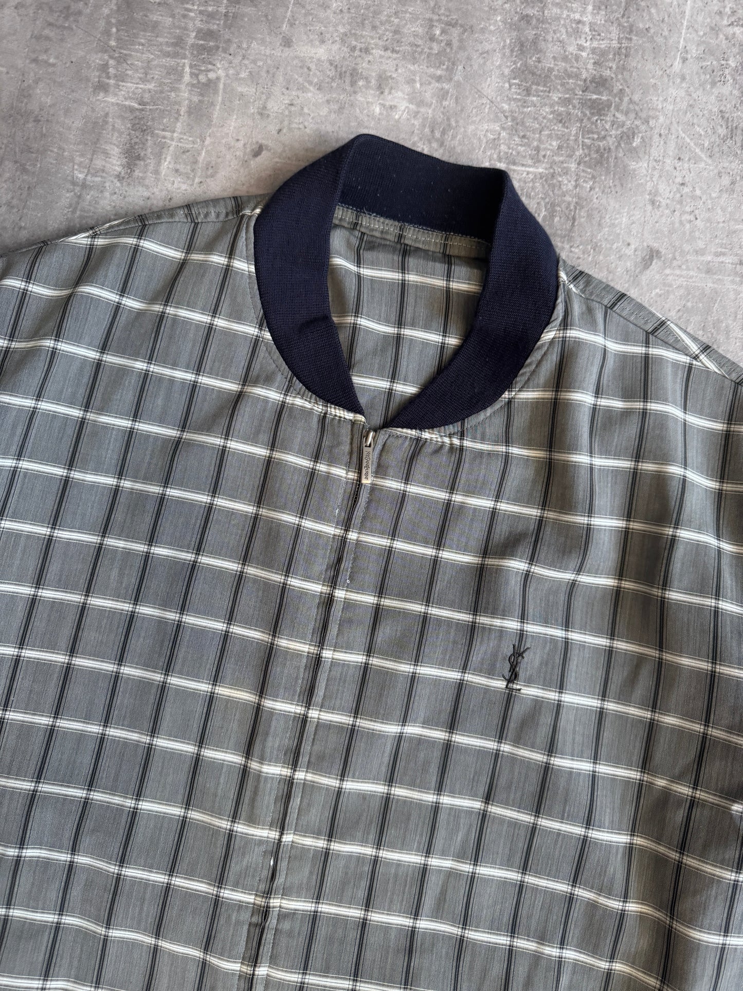 YSL Grey Check Lightweight Navy Detail Bomber Jacket (Sold As Seen)