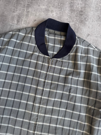 YSL Grey Check Lightweight Navy Detail Bomber Jacket (Sold As Seen)