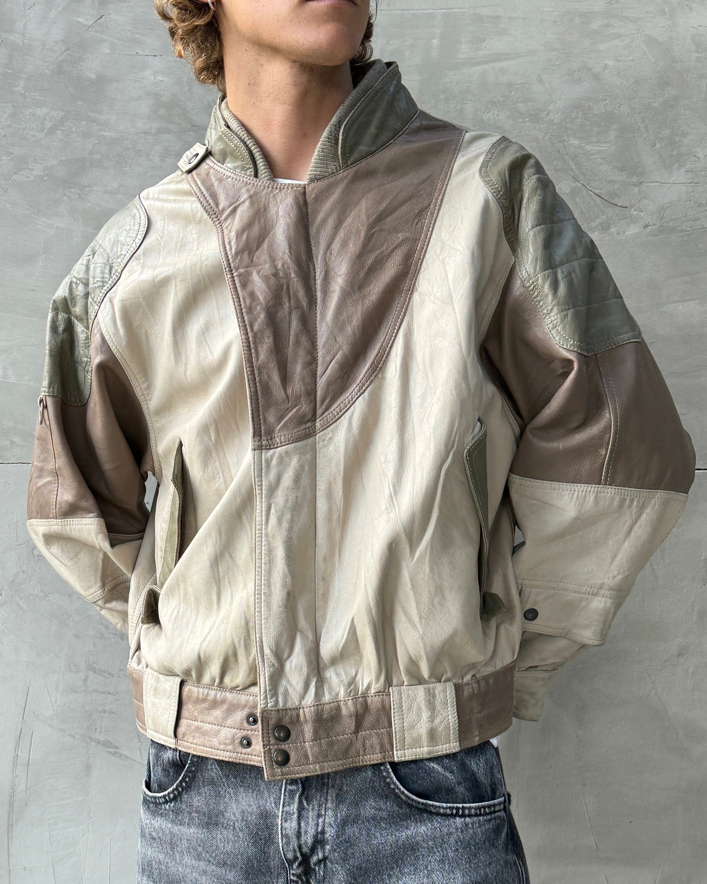 ITALIAN 90'S ASYMMETRIC BUCKLE UP LEATHER JACKET - M | Medium, Multicoloured