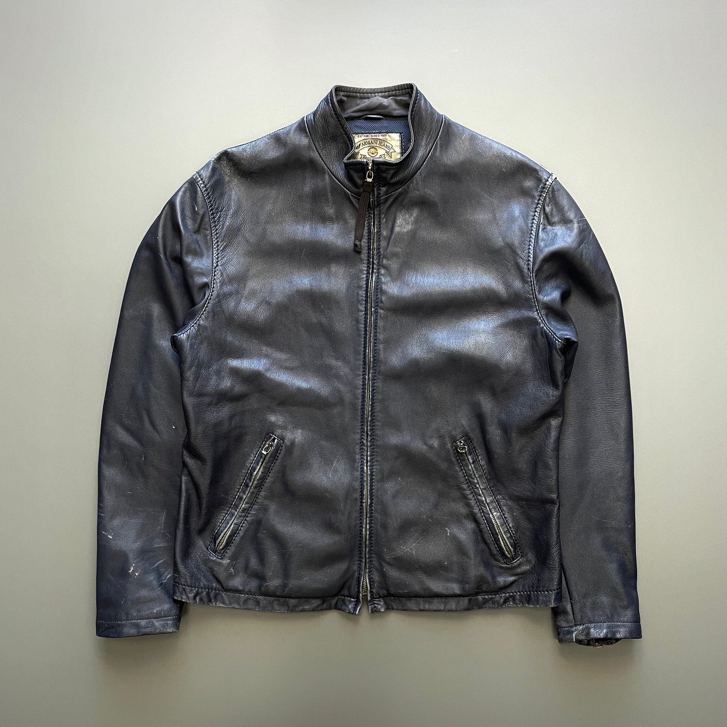 Armani Jeans Navy 90s Technical Leather Biker Jacket | Medium, Navy