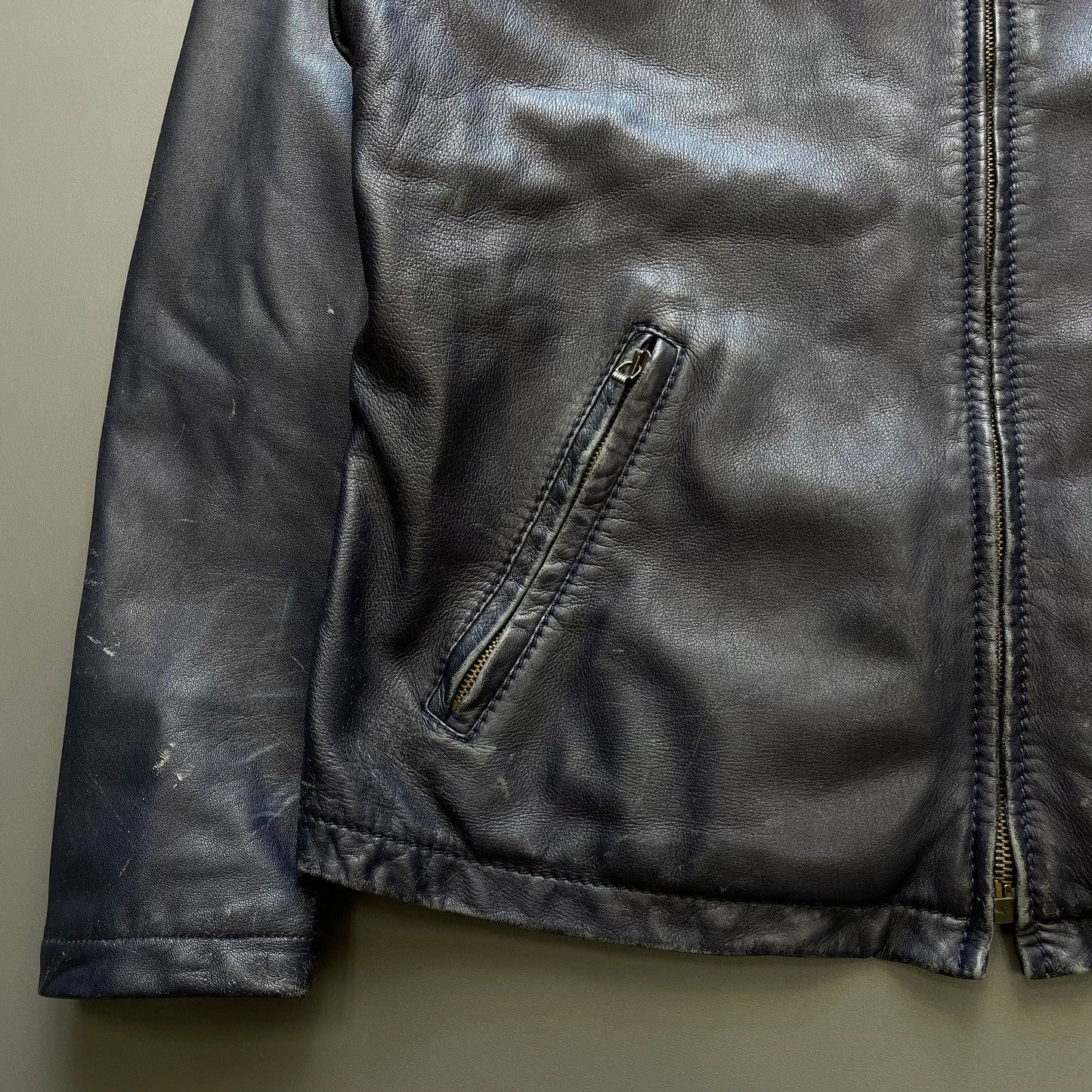 Armani Jeans Navy 90s Technical Leather Biker Jacket | Medium, Navy
