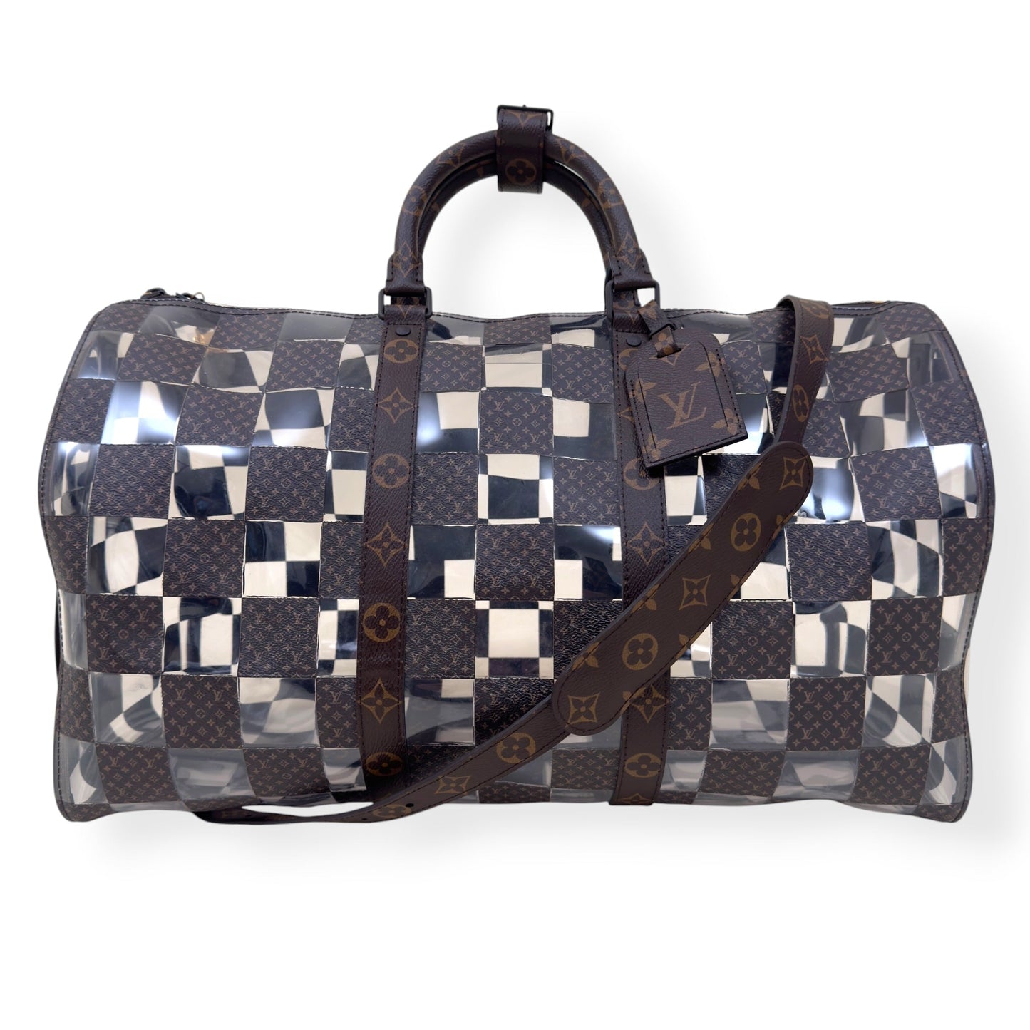 LOUIS VUITTON KEEPALL BANDOULIERE MONOGRAM CHESS DUFFLE BAG BROWN / CLEAR 50 | O/S, Brown