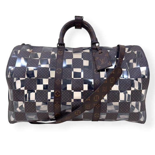LOUIS VUITTON KEEPALL BANDOULIERE MONOGRAM CHESS DUFFLE BAG BROWN / CLEAR 50 | O/S, Brown