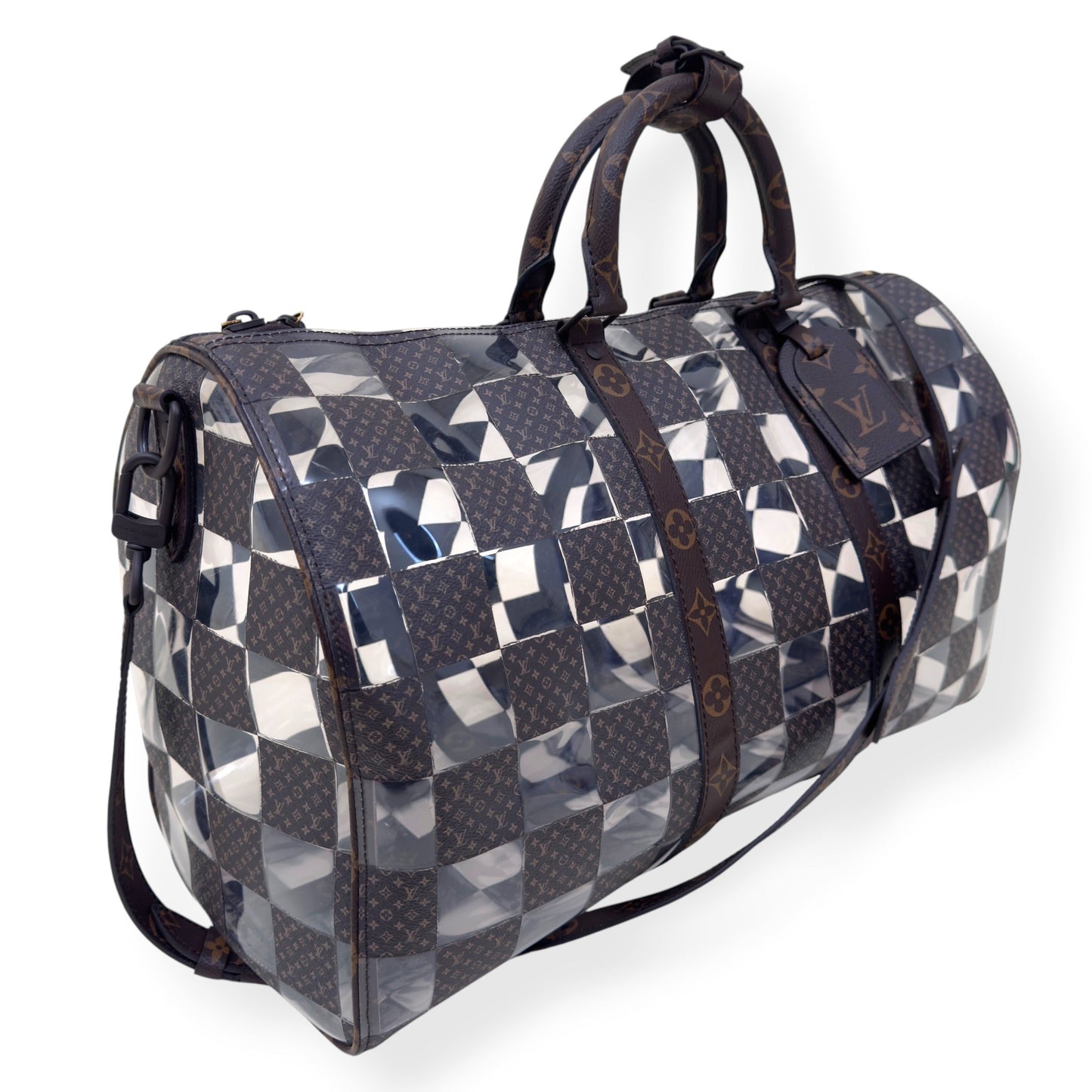 LOUIS VUITTON KEEPALL BANDOULIERE MONOGRAM CHESS DUFFLE BAG BROWN / CLEAR 50 | O/S, Brown