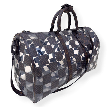 LOUIS VUITTON KEEPALL BANDOULIERE MONOGRAM CHESS DUFFLE BAG BROWN / CLEAR 50 | O/S, Brown