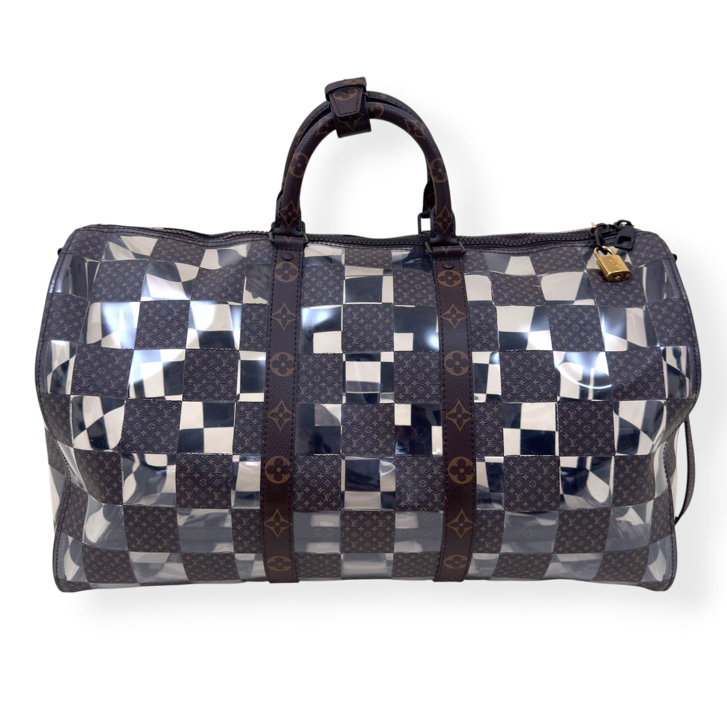 LOUIS VUITTON KEEPALL BANDOULIERE MONOGRAM CHESS DUFFLE BAG BROWN / CLEAR 50 | O/S, Brown