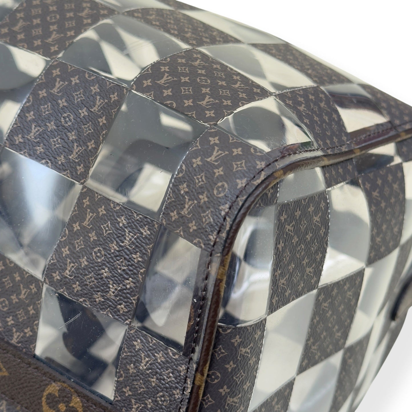 LOUIS VUITTON KEEPALL BANDOULIERE MONOGRAM CHESS DUFFLE BAG BROWN / CLEAR 50 | O/S, Brown