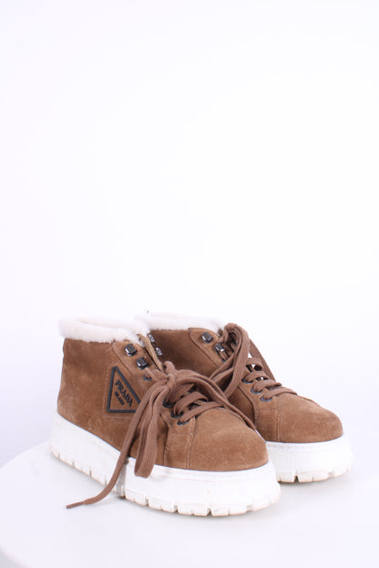 Prada Suede/ Shearling Lace-up Boots Tan 40 | O/S, Tan