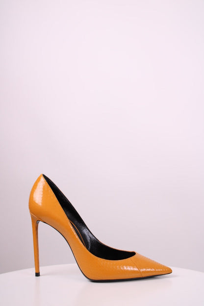 Saint Laurent Snake Embossed Heels Mustard 38 | UK 5, TBD