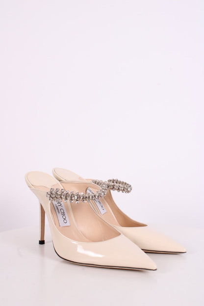Jimmy Choo Bing 100 Patent Crystal Strap Heels White 37.5 | O/S, White