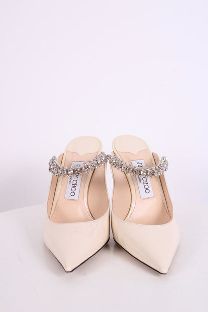 Jimmy Choo Bing 100 Patent Crystal Strap Heels White 37.5 | O/S, White
