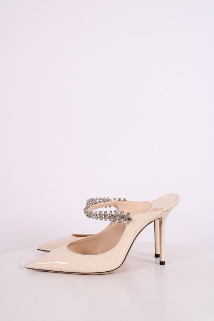 Jimmy Choo Bing 100 Patent Crystal Strap Heels White 37.5 | O/S, White