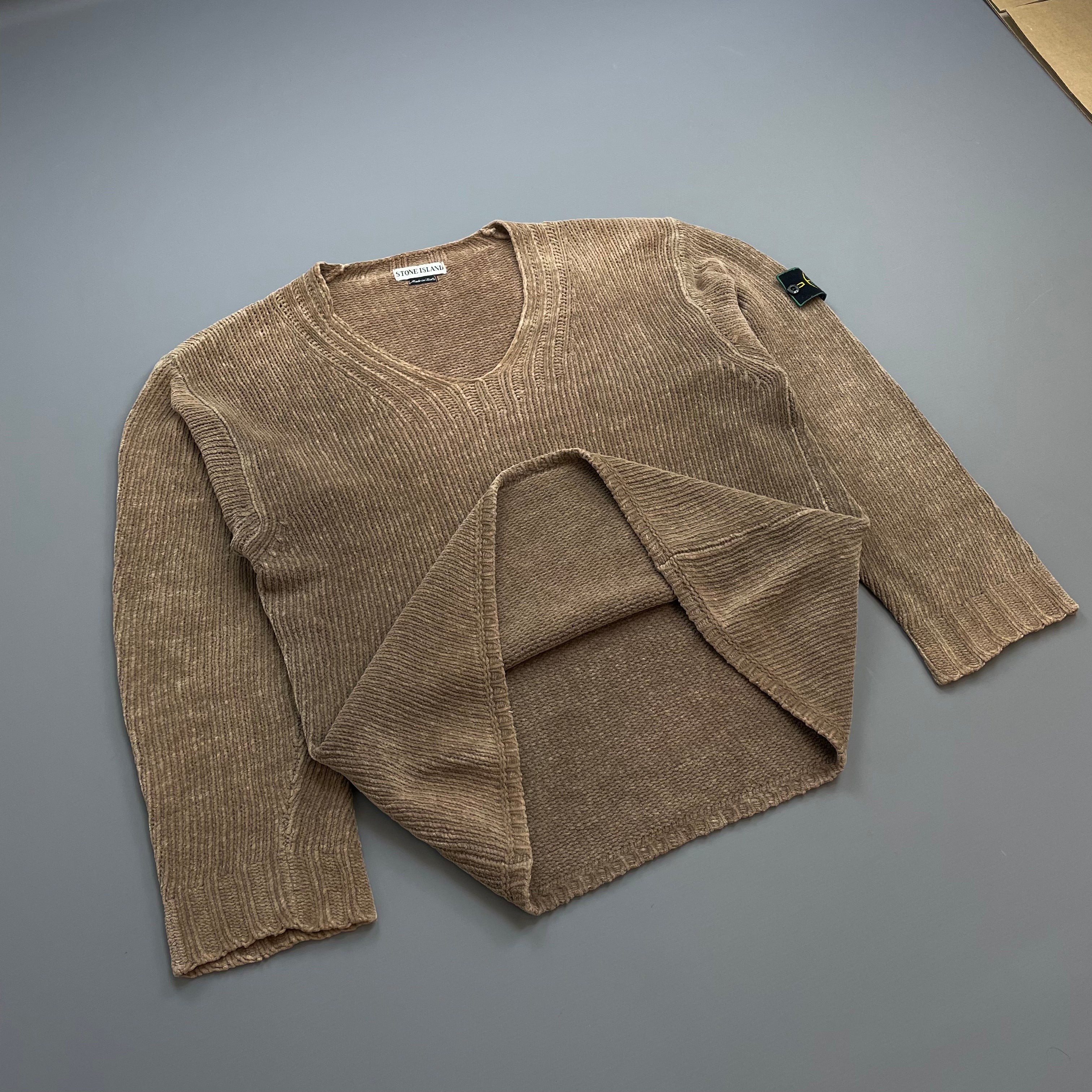 トップス stone  knit 98aw Stone Island Brown AW98 Chenille Knit Scoop Neck Green Edge