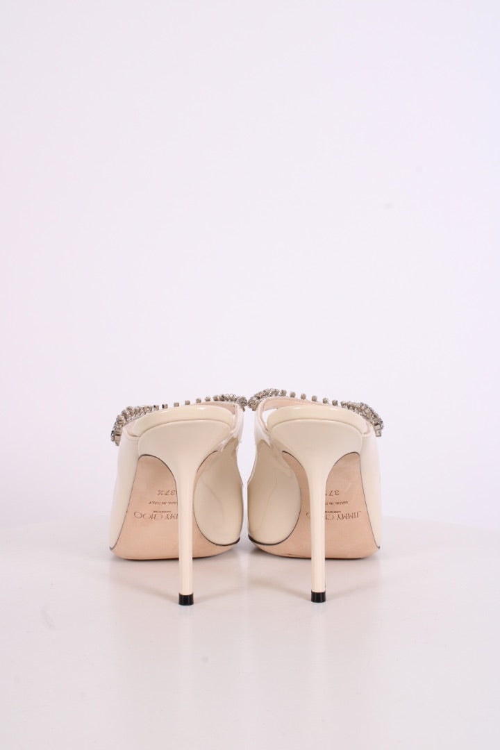Jimmy Choo Bing 100 Patent Crystal Strap Heels White 37.5 | O/S, White