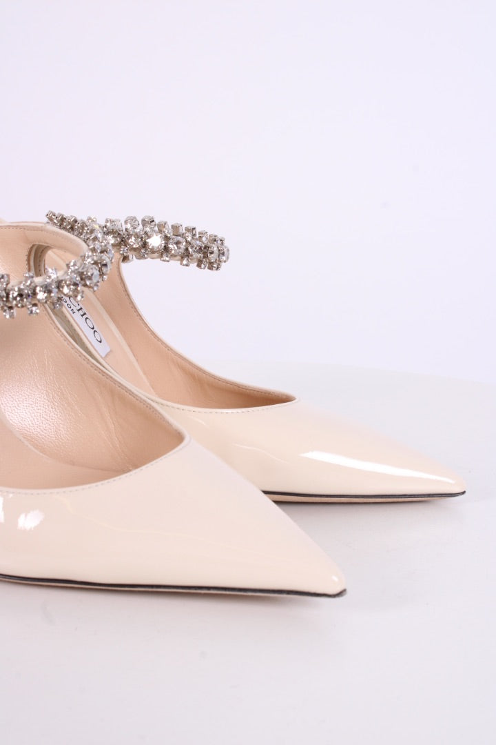 Jimmy Choo Bing 100 Patent Crystal Strap Heels White 37.5 | O/S, White