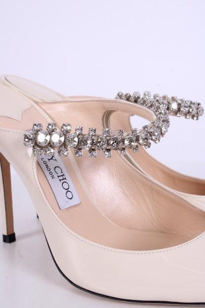 Jimmy Choo Bing 100 Patent Crystal Strap Heels White 37.5 | O/S, White