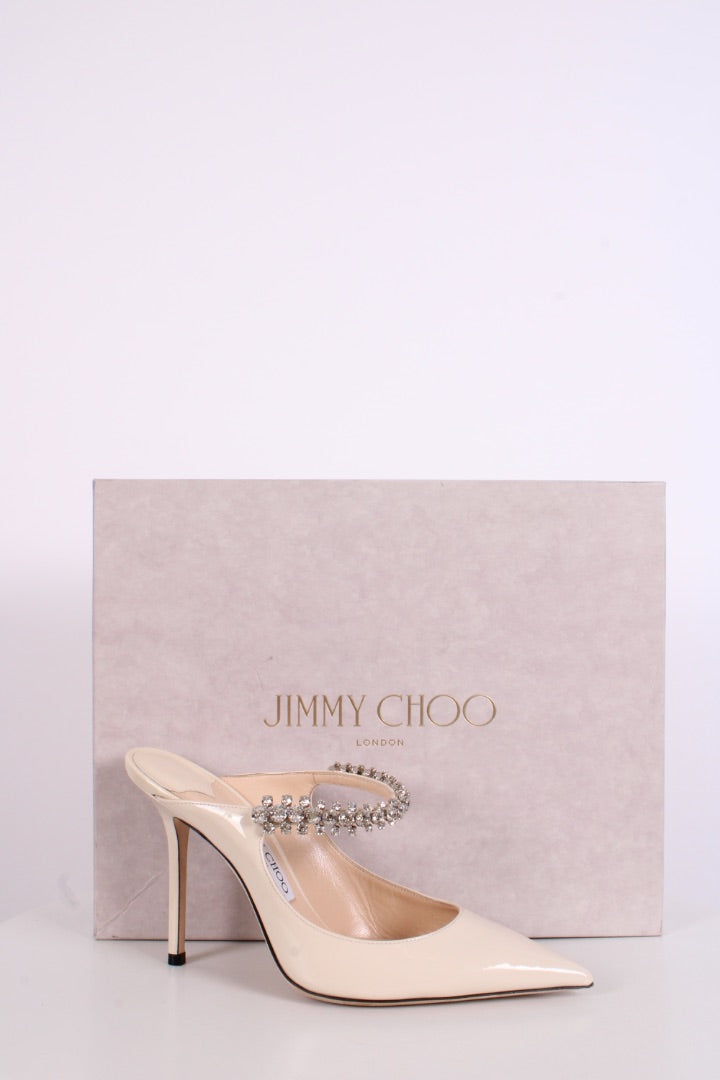 Jimmy Choo Bing 100 Patent Crystal Strap Heels White 37.5 | O/S, White