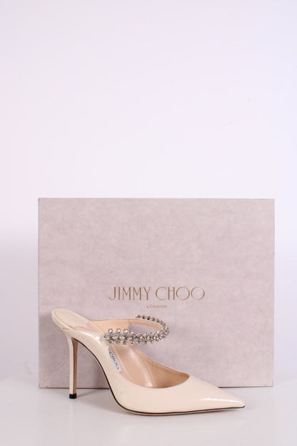 Jimmy Choo Bing 100 Patent Crystal Strap Heels White 37.5 | O/S, White