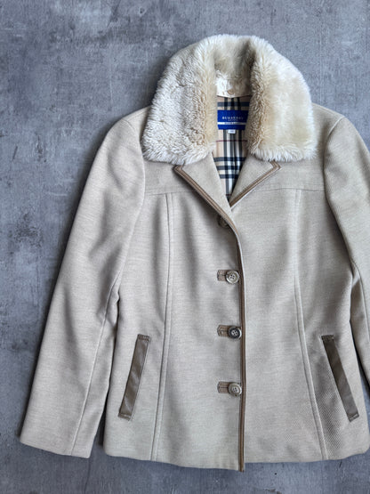Burberry Blue Label Nova Check Lining With Faux Fur Collar Cream Coat