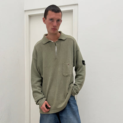 Stone Island Green SS97 Collared Green Edge Badge Knit Jumper | XX-Large, Green