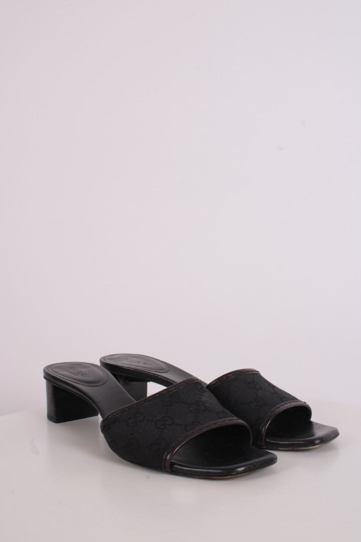 Gucci Monogram Heeled Mule Shoes Black 38 | O/S, Black