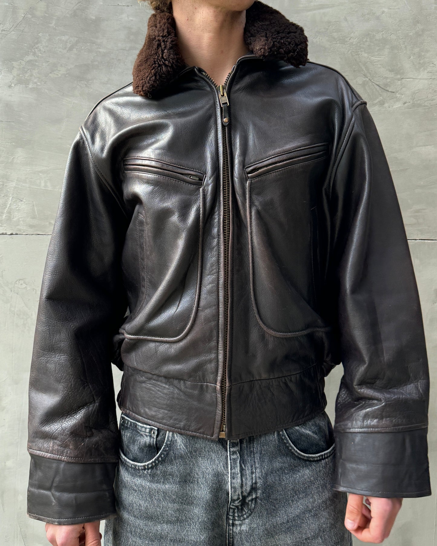 80'S BOMBERS' BROWN LEATHER JACKET WITH DETACHABLE FUR COLLAR - L | Large, Brown