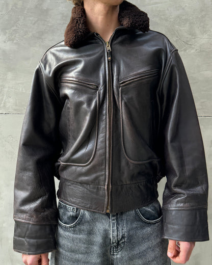 80'S BOMBERS' BROWN LEATHER JACKET WITH DETACHABLE FUR COLLAR - L | Large, Brown