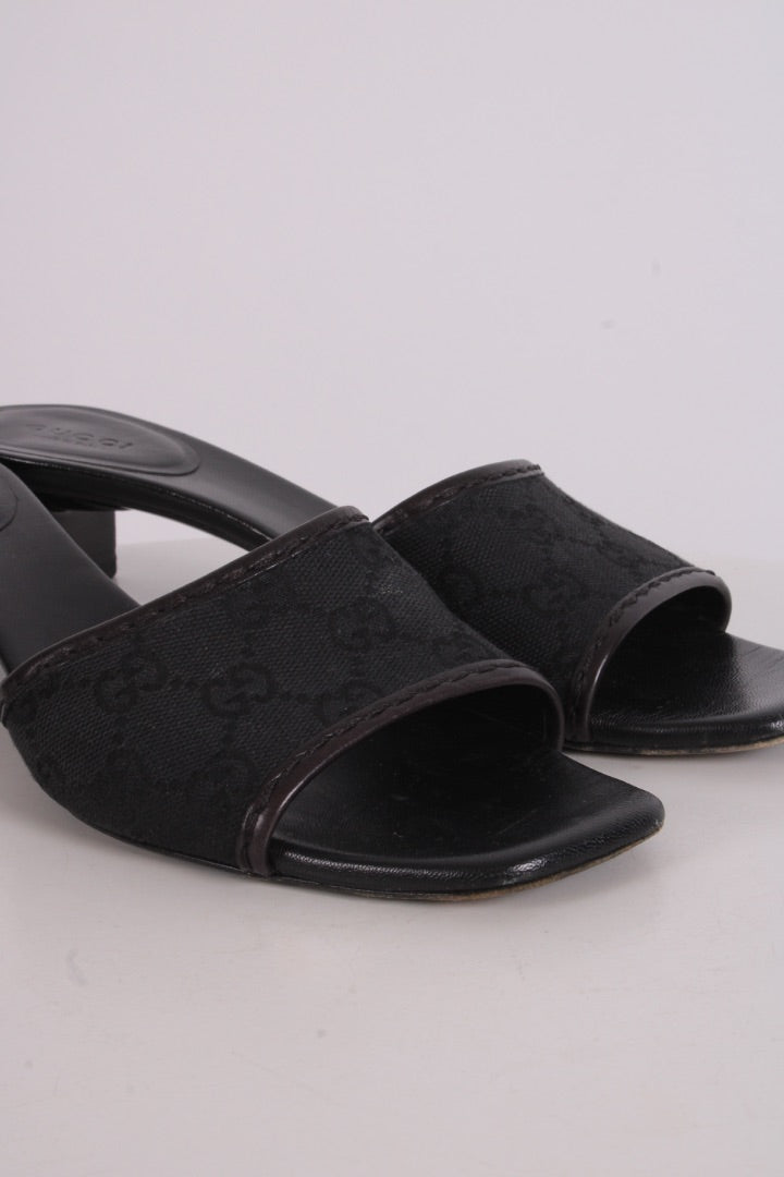 Gucci Monogram Heeled Mule Shoes Black 38 | O/S, Black