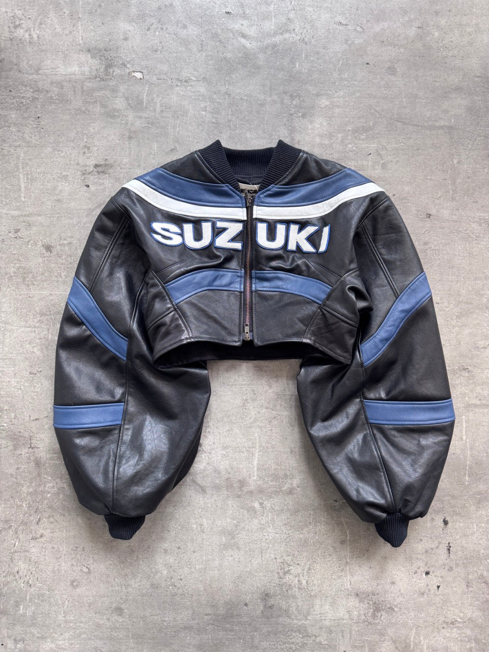 VT Rework: Suzuki Racing Cropped Exaggerated Sleeve Leather Blouson | Medium, Multicoloured