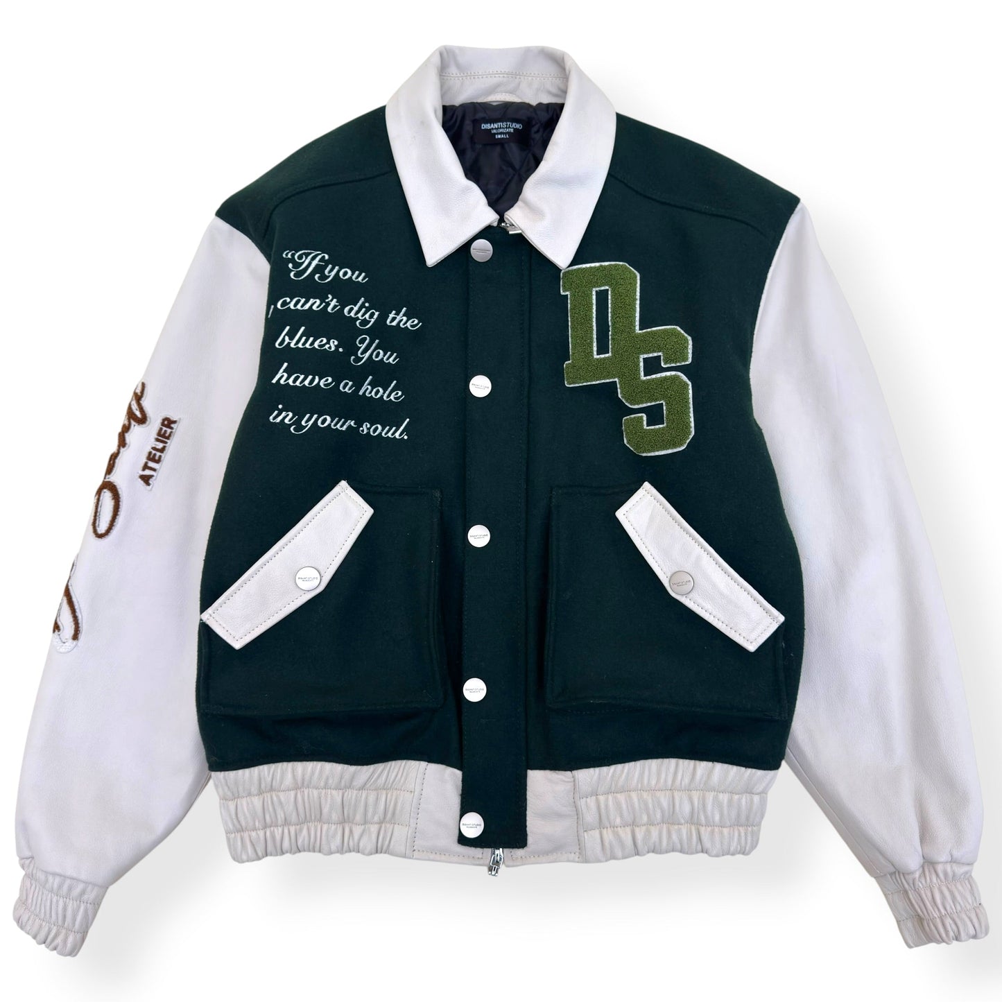 DI SANTI STUDIO DS VARSITY LEATHER JACKET GREEN / WHITE S | Small, Green
