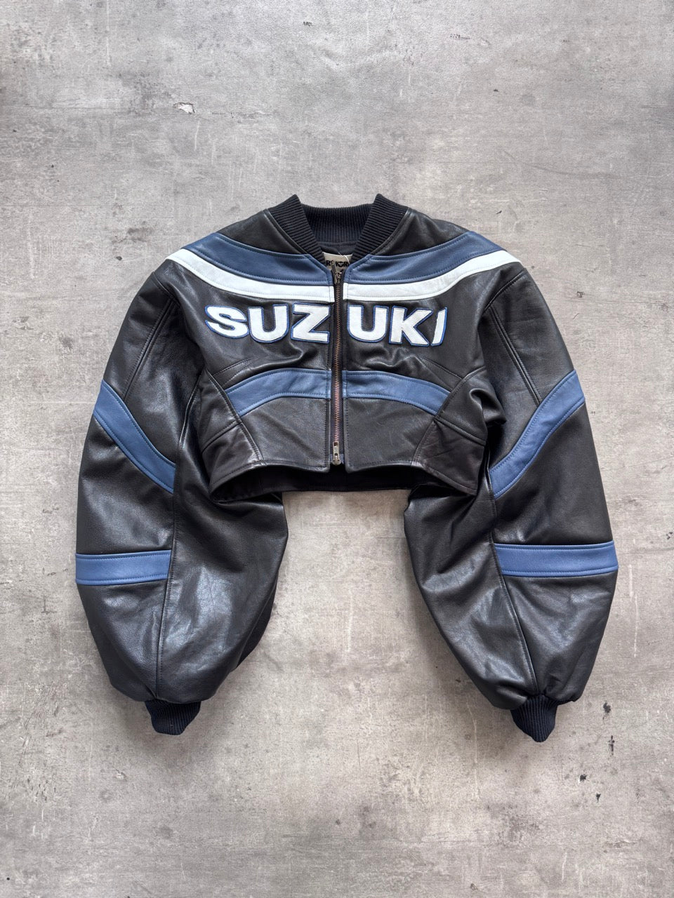 VT Rework: Suzuki Racing Cropped Exaggerated Sleeve Leather Blouson | Medium, Multicoloured