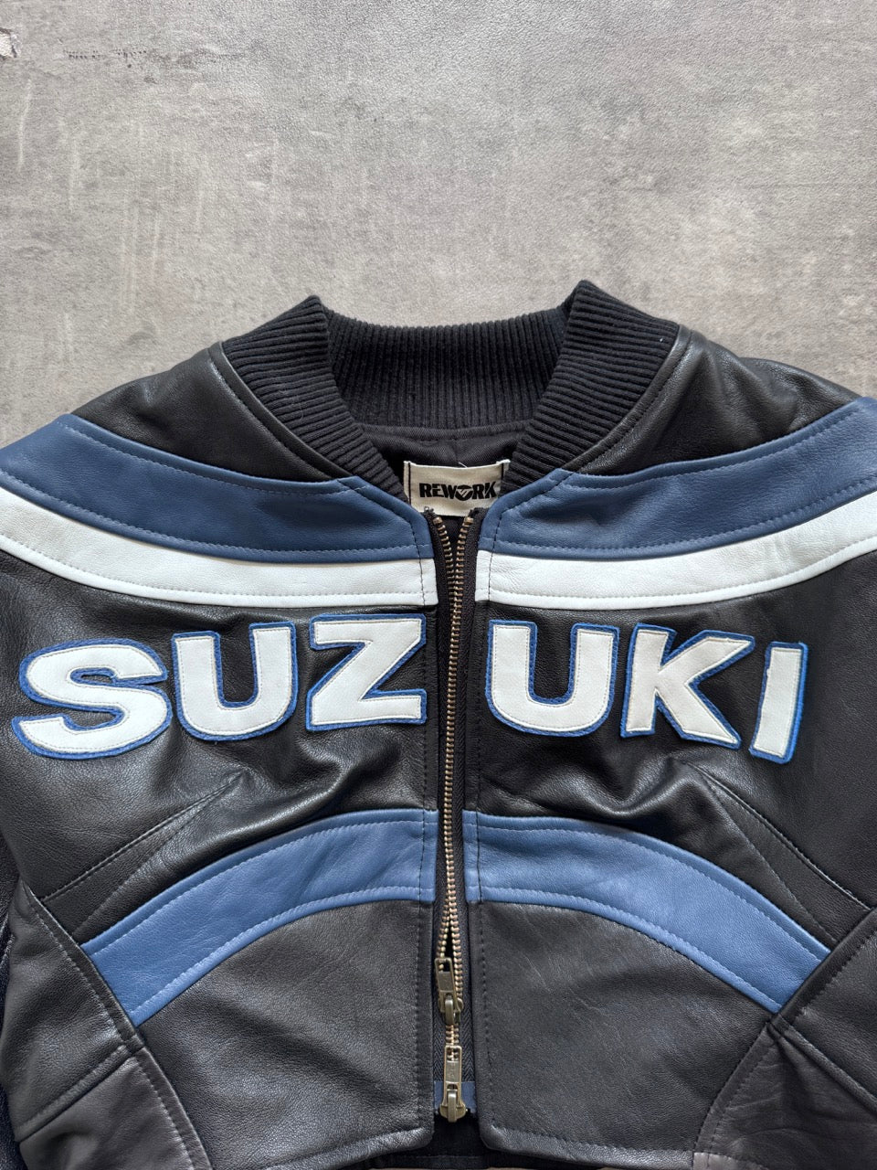 VT Rework: Suzuki Racing Cropped Exaggerated Sleeve Leather Blouson | Medium, Multicoloured