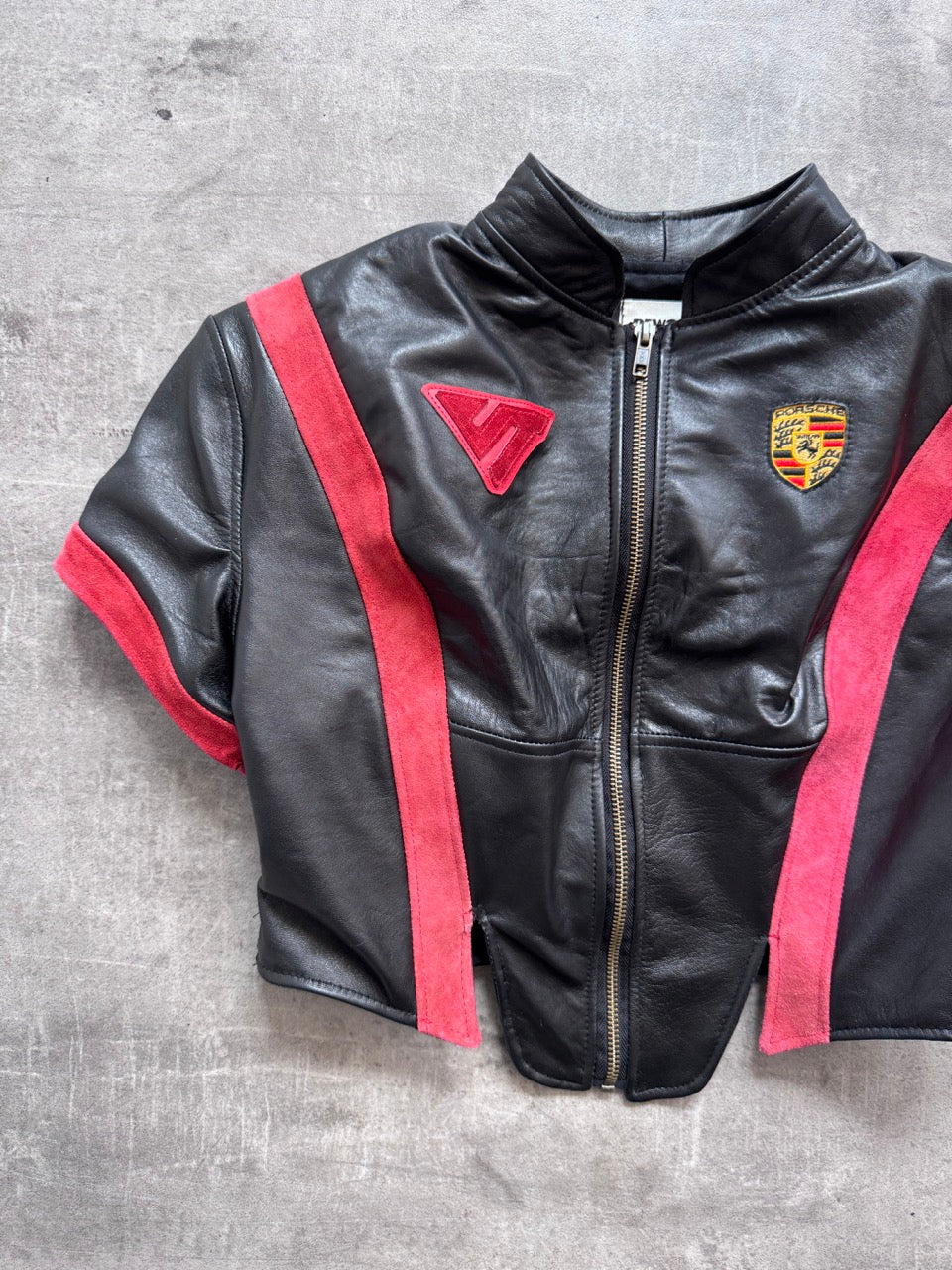 VT Rework: Porsche Motorsport Suede Trim Cropped SS Leather Top | Small, Multicoloured