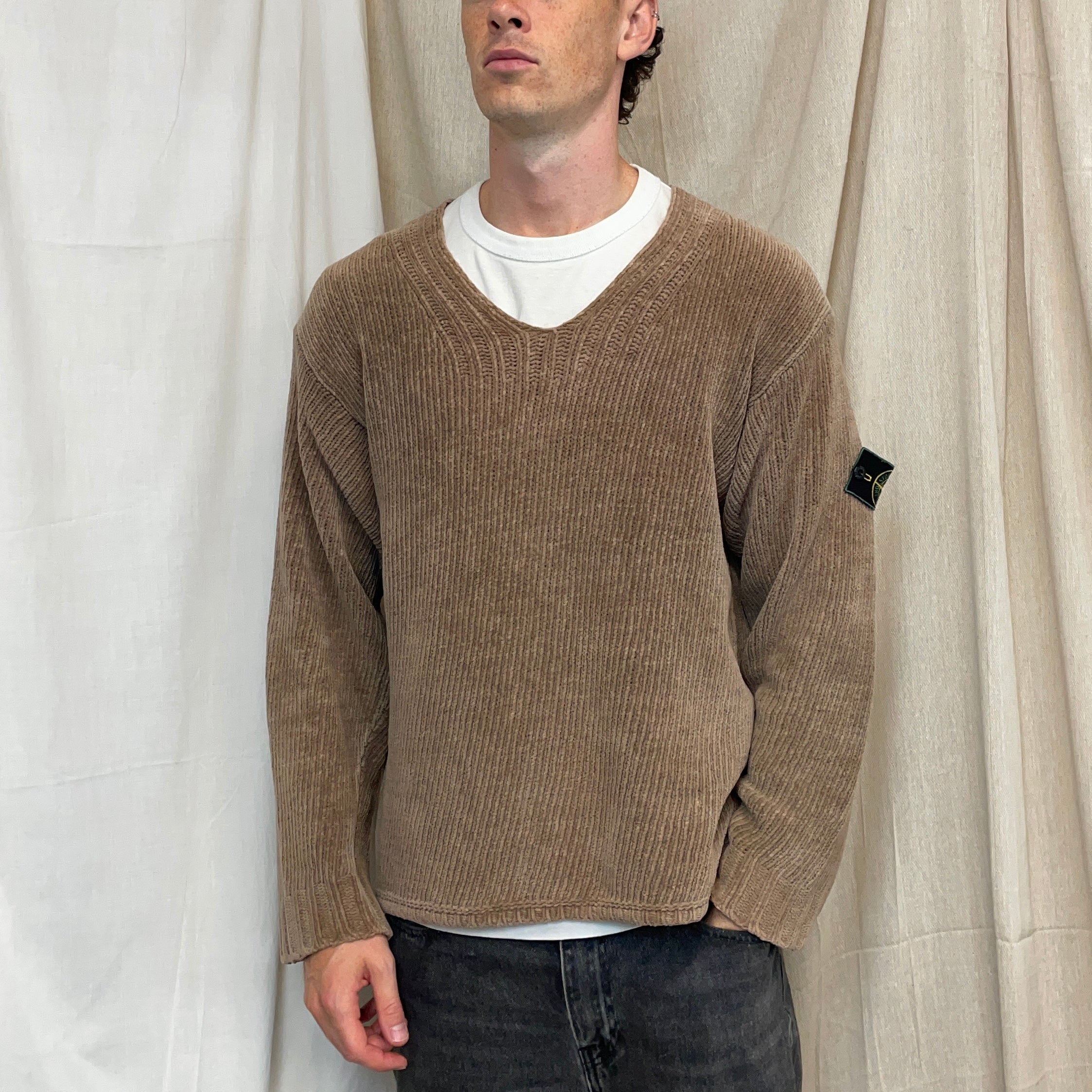 トップス stone  knit 98aw Stone Island Brown AW98 Chenille Knit Scoop Neck Green Edge