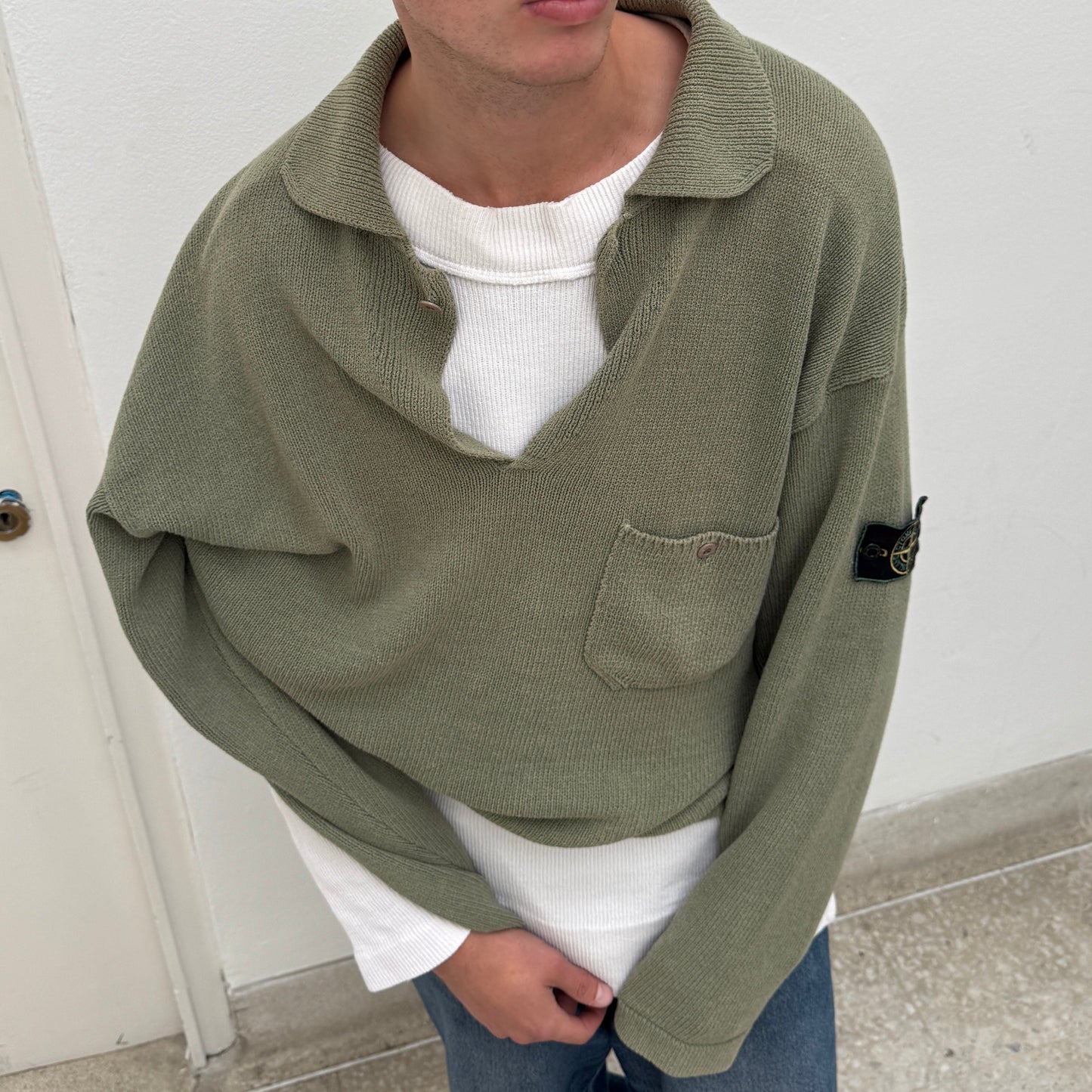 Stone Island Green SS97 Collared Green Edge Badge Knit Jumper | XX-Large, Green
