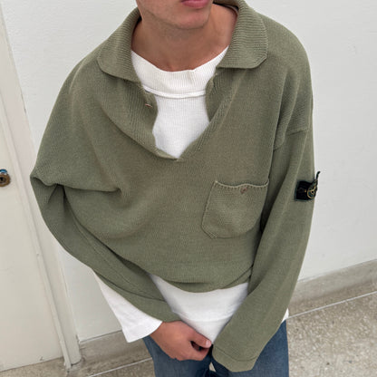 Stone Island Green SS97 Collared Green Edge Badge Knit Jumper | XX-Large, Green