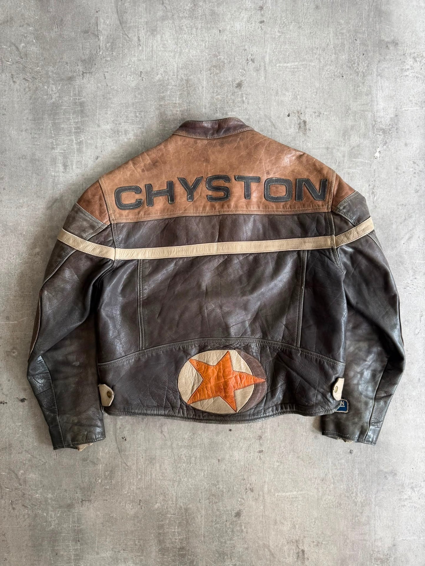 1980's Chyston Patch Embellished Leather Moto Jacket | Extra Extra Large, Brown